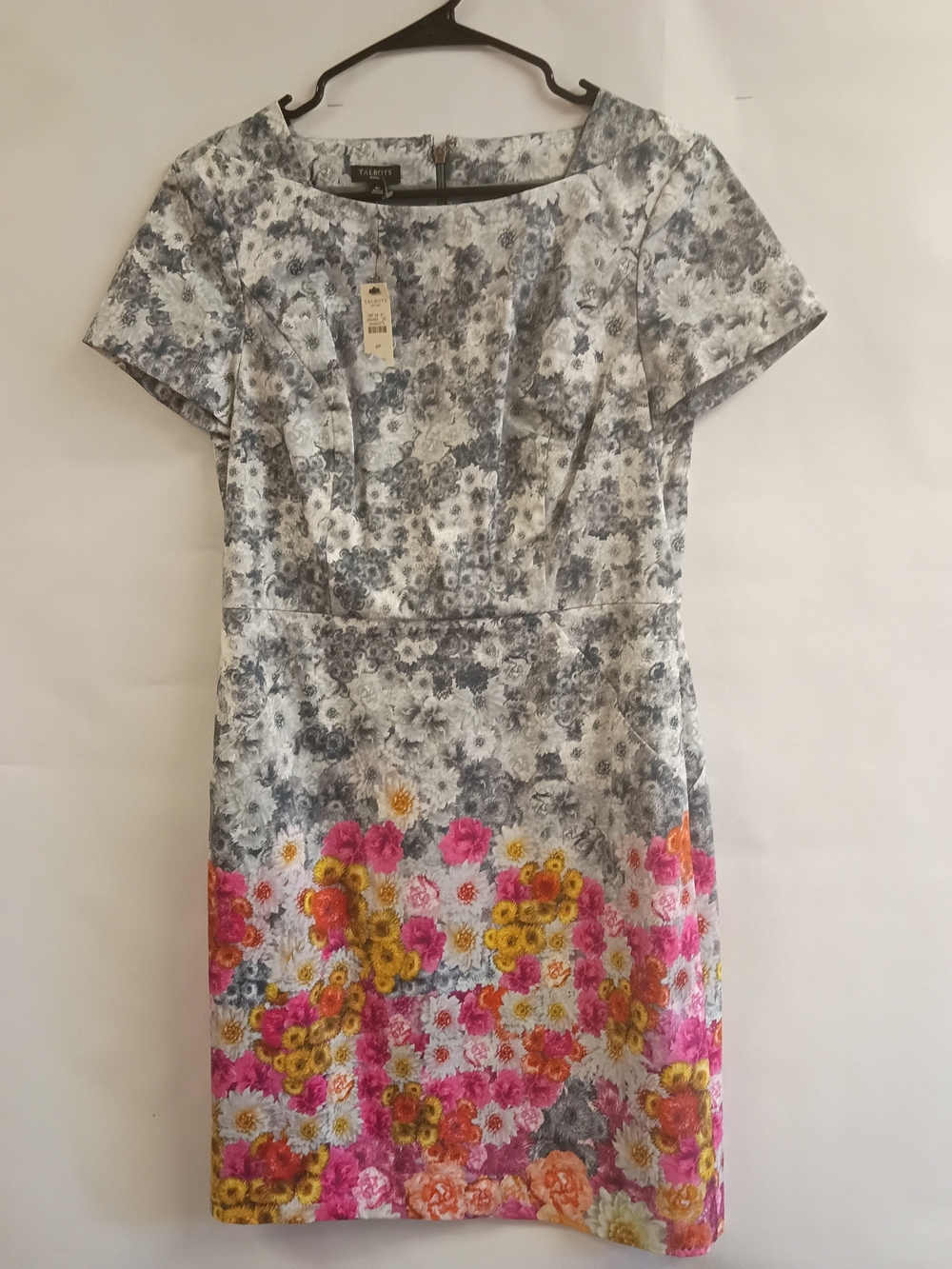 Talbots Gray Floral Midi Dress with Pink and Yellow Floral Border